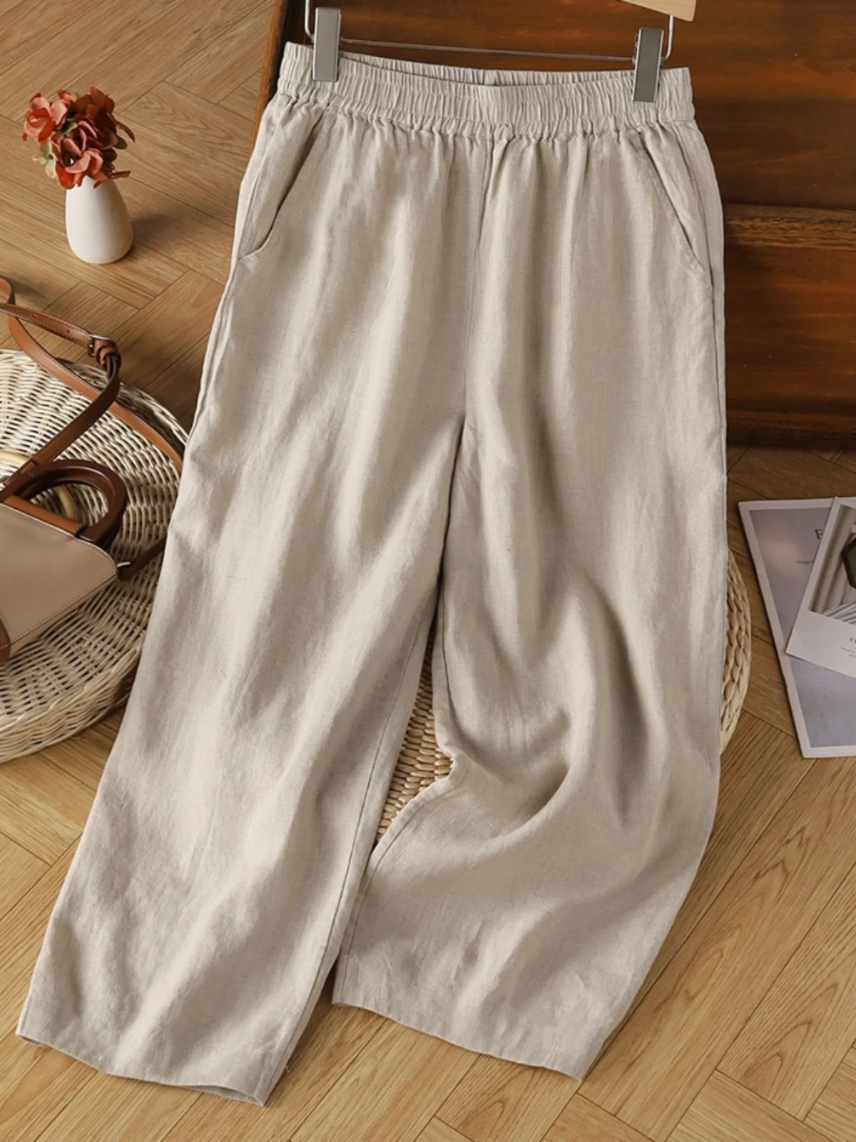 

Artistic Loose Fit Straight Leg Pants Women's plus Size Comfortable Elastic Waist Casual Seven-Foot Pants Korean Sle