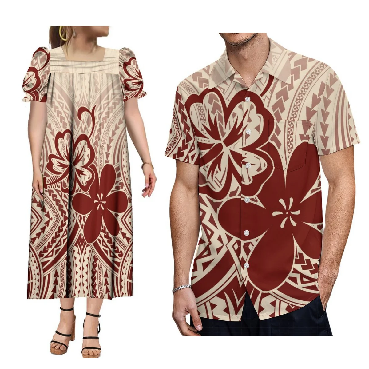 

2024 Fashion Mumu Women'S Dress Micronesia Features Ethnic Party Maxi Dress With Men'S Aloha Shirt Floral Couple Suit