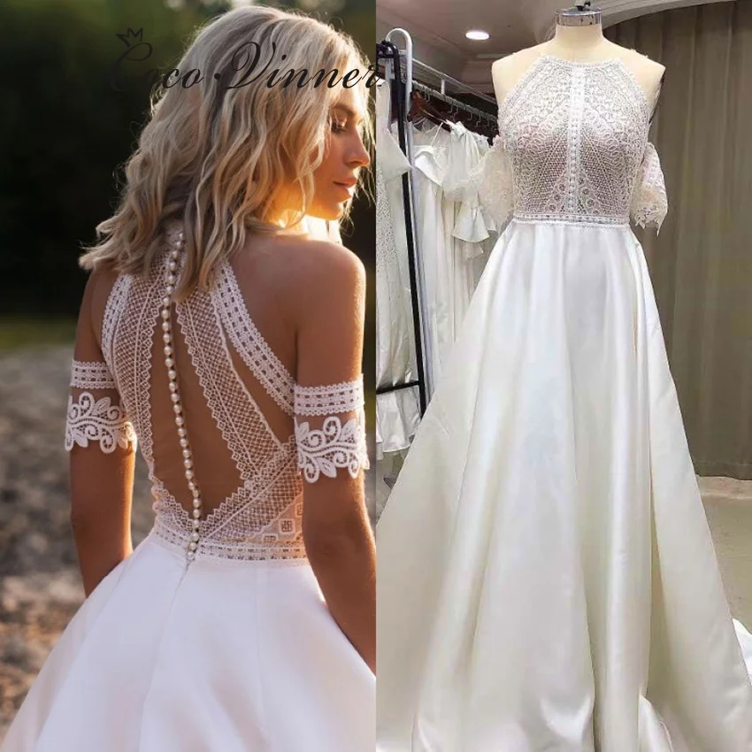 

Halter Neckline Customized Countryside Beach Wedding Dress A line Lace Satin Sweep Train Boho Wedding Dresses For Brides W1242