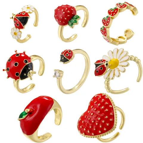 ZHUKOU Anillo bonito y dulce ajustable con apertura en forma de escarabajo, manzana roja y cobre, joyería para parejas Unisex: VJ810-VJ817