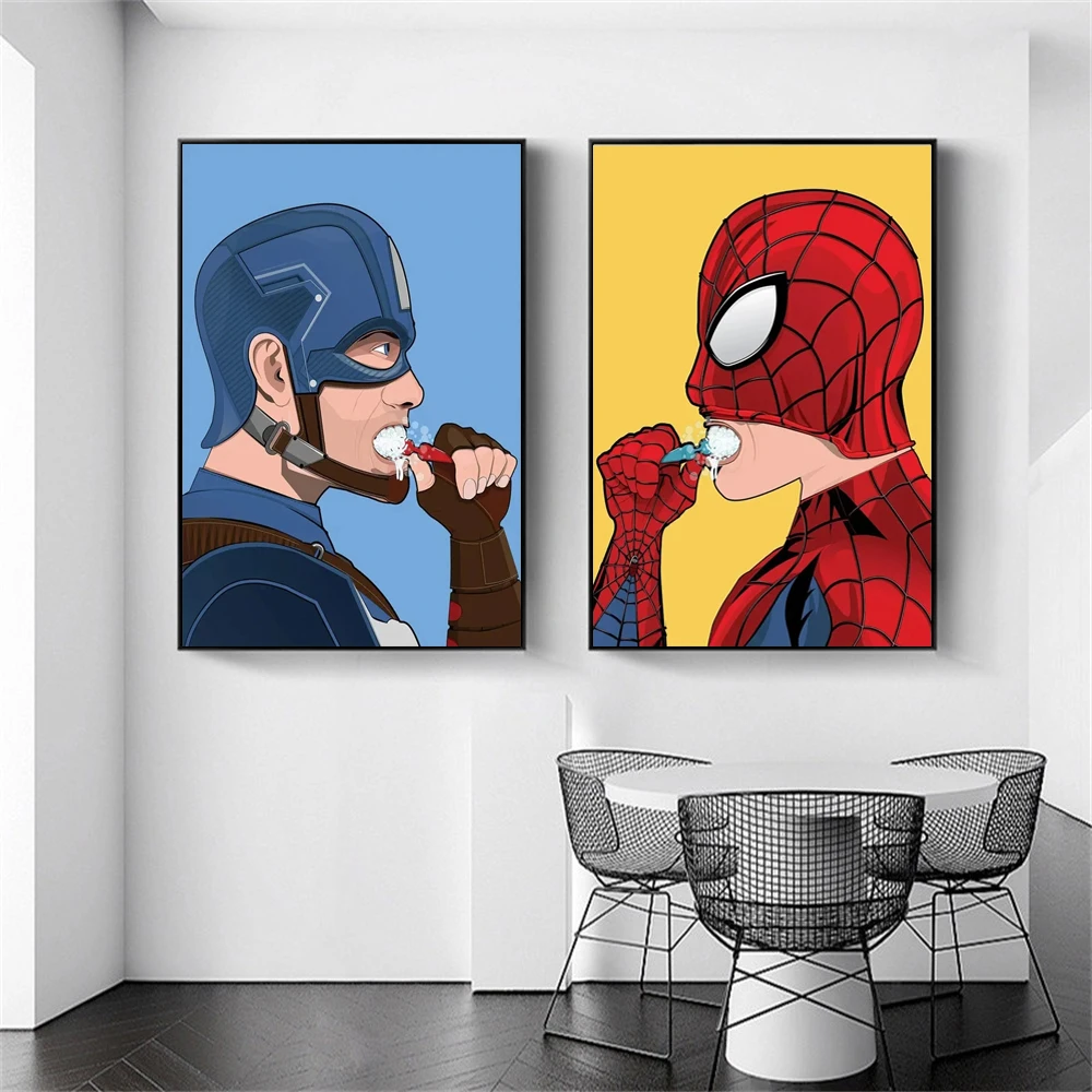 

Disney Superhero Spiderman Captain AmericaBrush Teeth Poster Funny Superhero Wall Art Canvas Painting Bathroom Home Decor