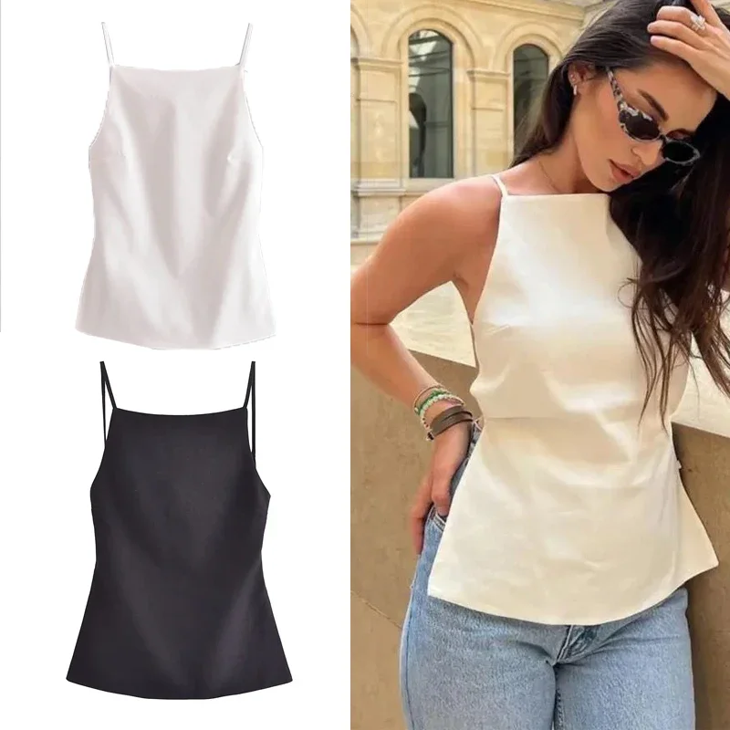 TRAF Sleeveless Black White Crop Top Women Backless Sexy Tank Tops Woman Thin Straps Party Summer Tops Streetwear Women's Top