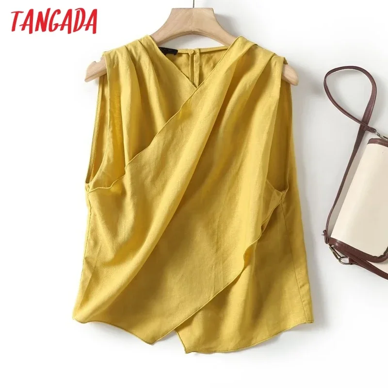 Tangada 2024 Women Cotton Linen Cropped Tank Female Cross Sleeveless Shirt Top 4C124