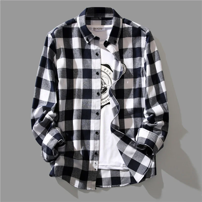 Men\'s Korean Fashion Black White Plaid Shirt Loose Long-sleeved Casual Handsome Tops Shirts And Blouses