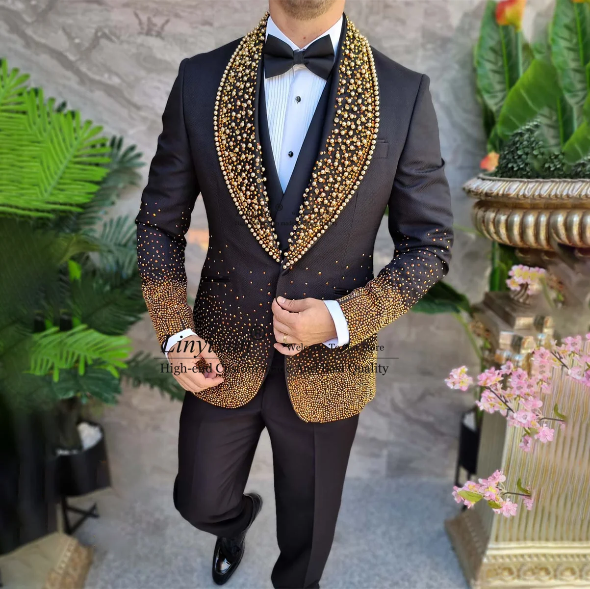 Glanzende Sieraden Ornament Smoking Mannen Suit 3 Stuks Bruiloft Bruidegom Diner Party Sjaal Revers Mannelijke Prom Blazers Slank Disfraz Hombre