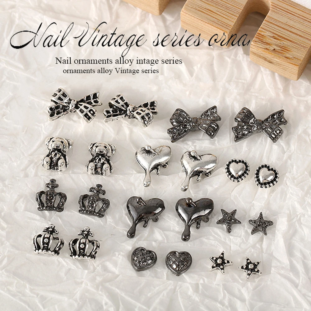 10pcs Alloy Vintage Nail Art Charm 3D Chrome Punk Heart Star Bow Bear Crown Nail Decoration DIY Luxury Manicure Accessories