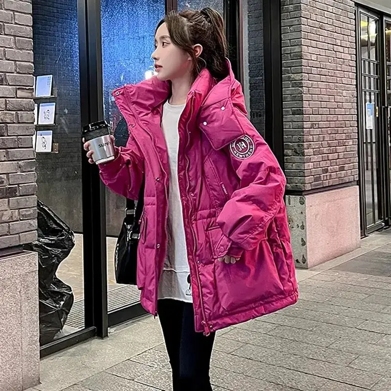 

Cotton Jacket Rose Red Female Parkas New Korea Loose Waist Thick Big Pockets Winter Clothing Zipper Lapel Outerwear Cotton Coats