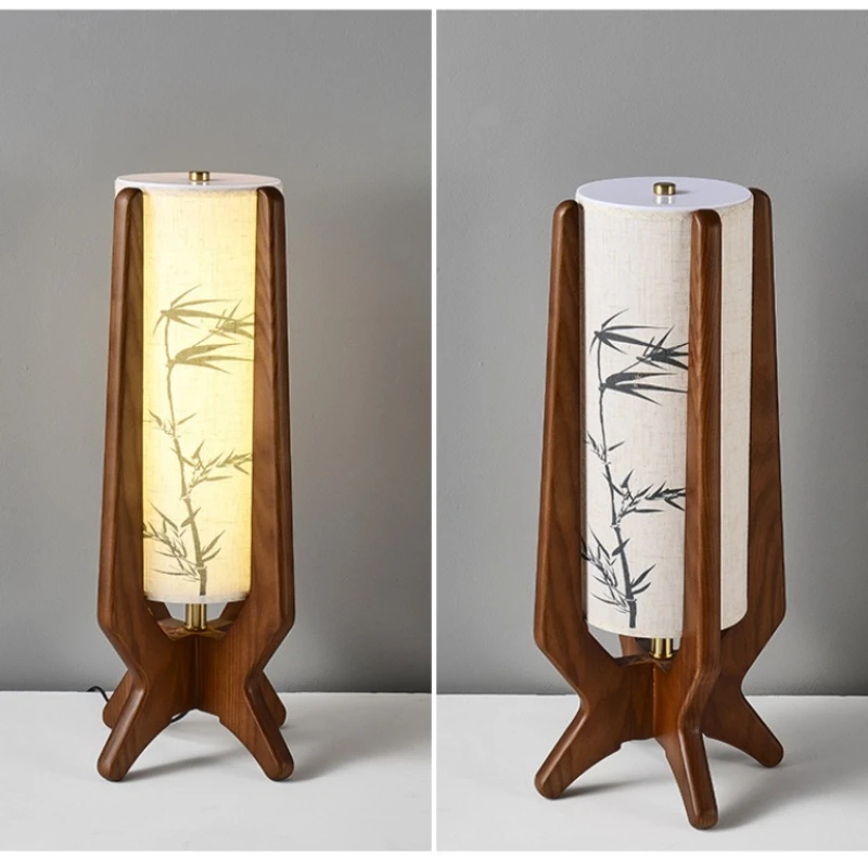 

Floor lamp living room retro style homestay solid wood bamboo leaf fabric vertical desk lamp study bedroom atmosphere
