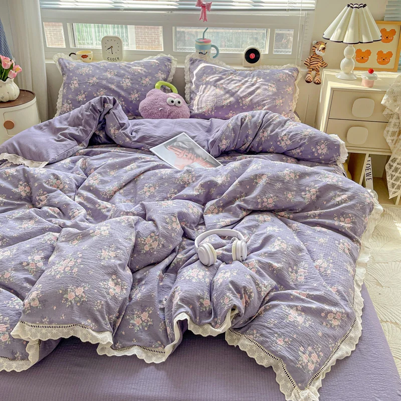 Puple Flower Printed Duvet Cover with Lace Double-layered Yarn housse de couette 220x240 Single/Queen/King Size Comforter Cover
