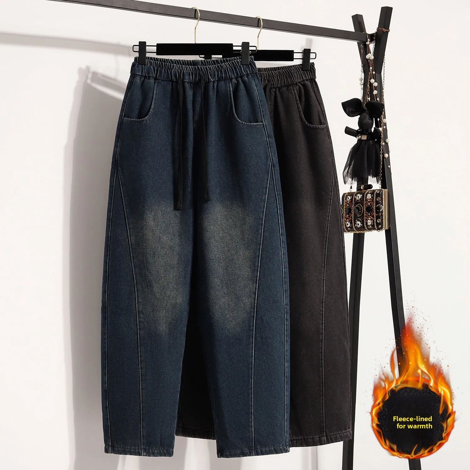 

Женские широкие джинсы больших размеров на подкладке Thi, повседневные универсальные свободные утягивающие брюки с ножом, зимняя одежда, длинные брюки