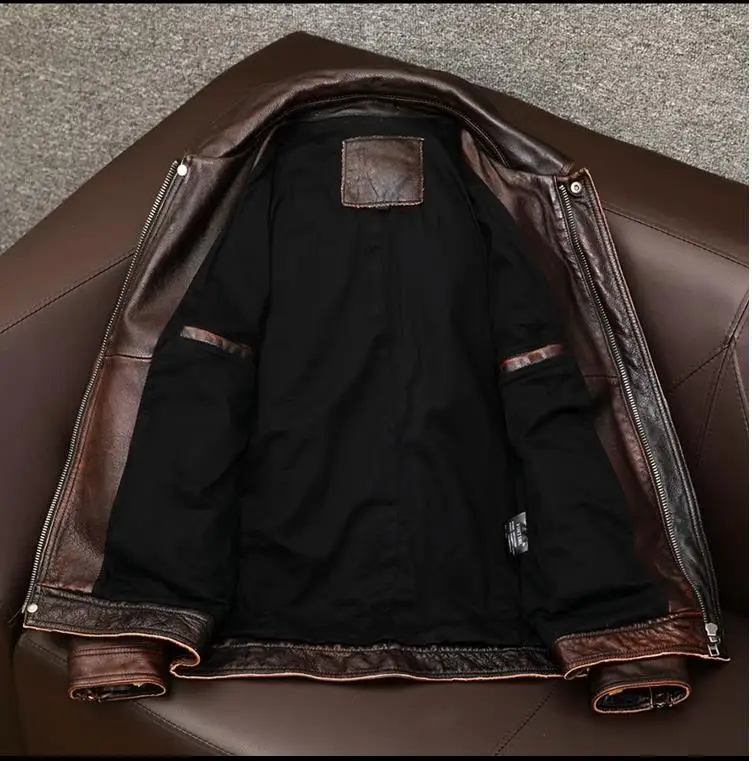 YR!Free shipping.Asian size vintage cowhide coat.Men slim fit casual natural leather jacket.father leather cloth.Buen cuero 6XL