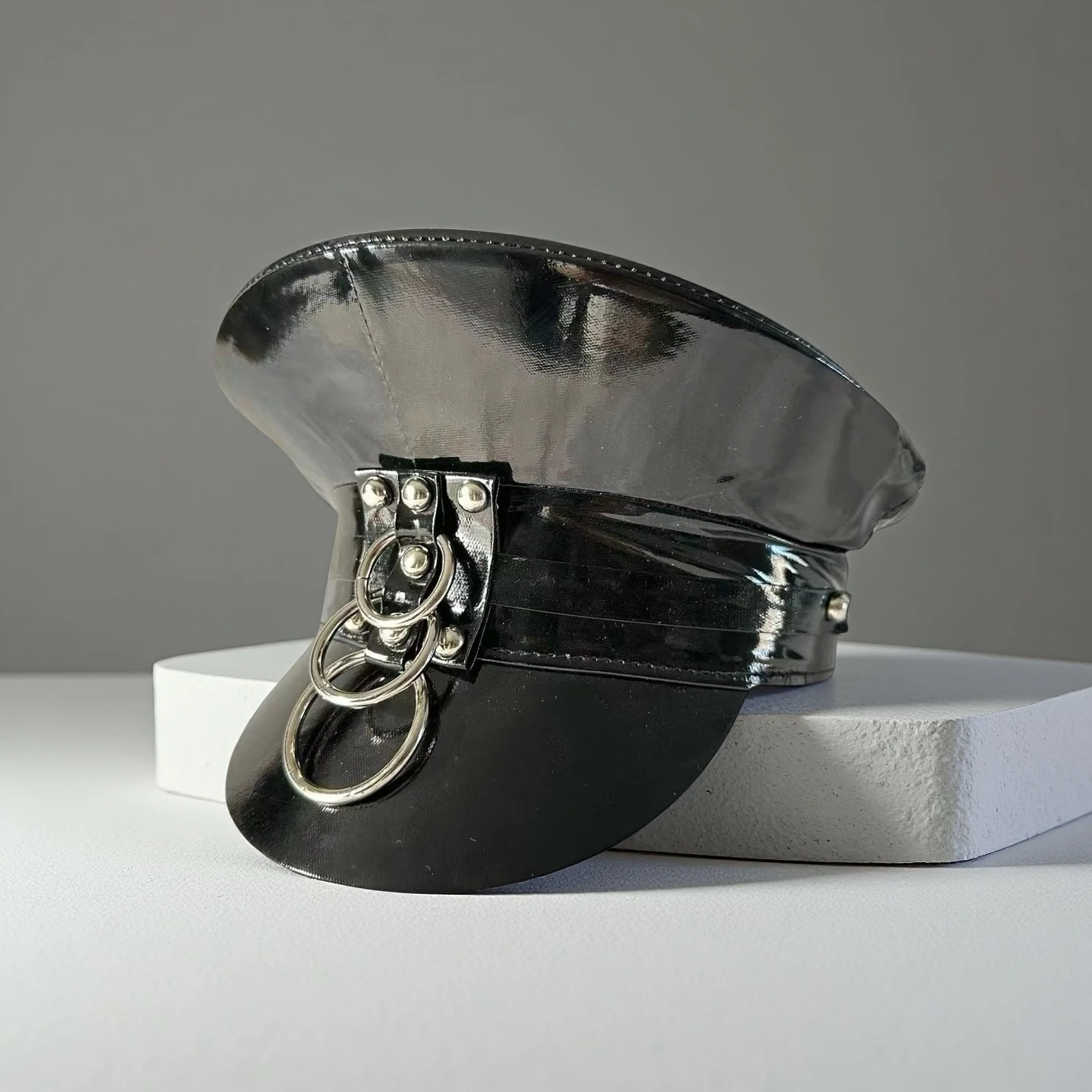 Unisex Faux Leather Army Cap, Silver Hoop, Black Costume Props, Cosplay, Festival Captain Hat, Hip Hop, Steampunk, Christmas