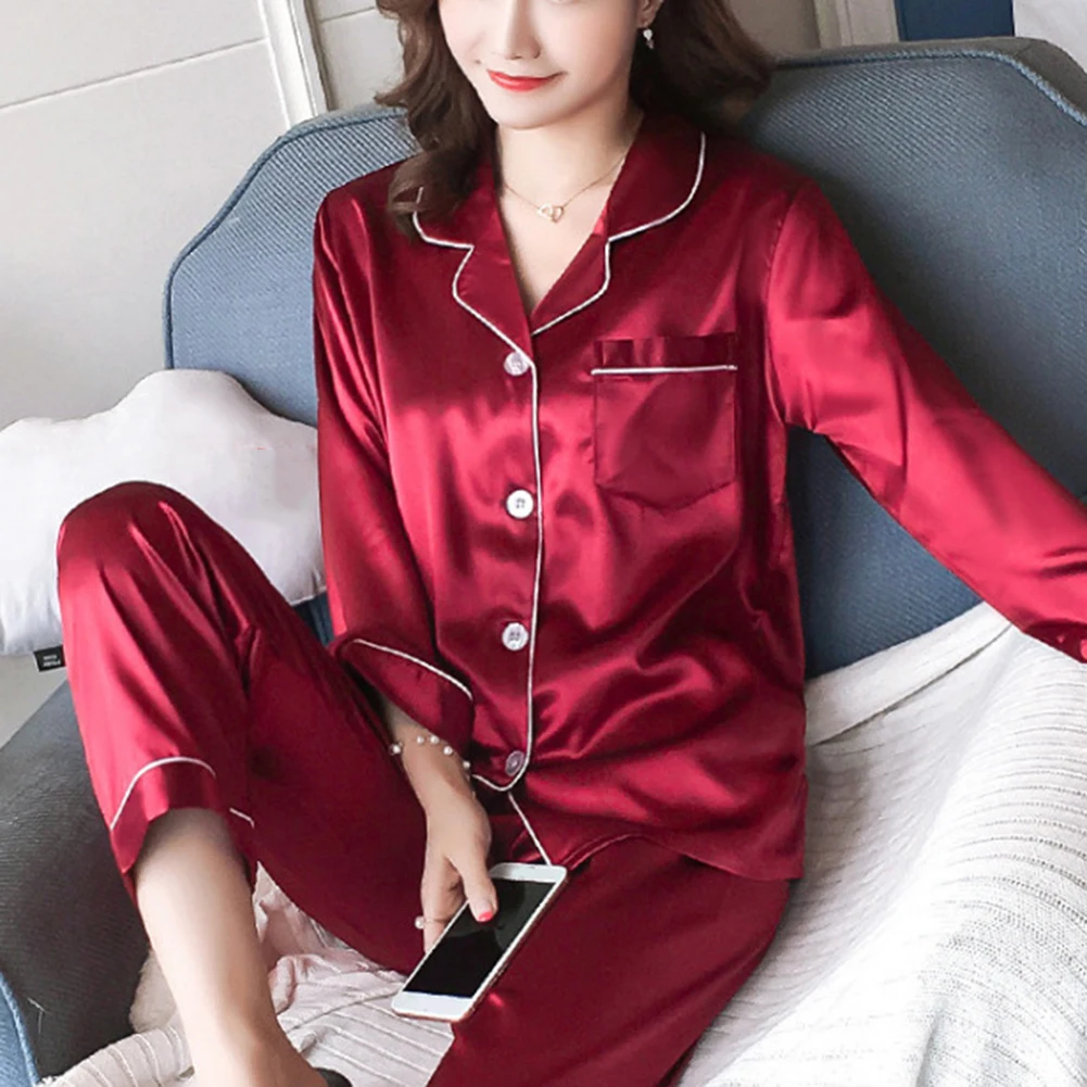 

Women's Pajamas Sets Spring Summer 2 Piece Buttons Down Pyjama Faux Silk Satin Sleepwear Long Sleeve Pijama Mujer Pjs Homewear