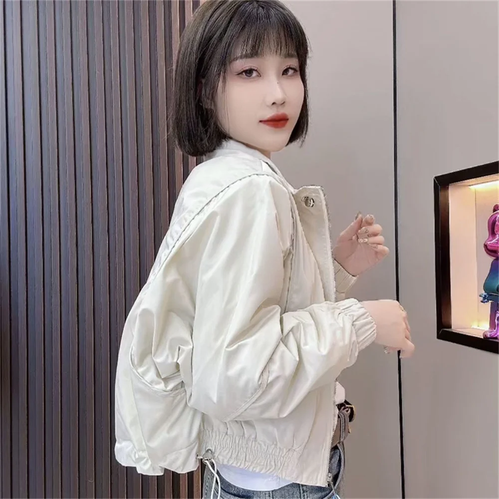 2025 Spring Women's New Korean Edition Standing Neck Zipper Jacket Female Short Loose Casual Splicing Baseball Coat Windproof