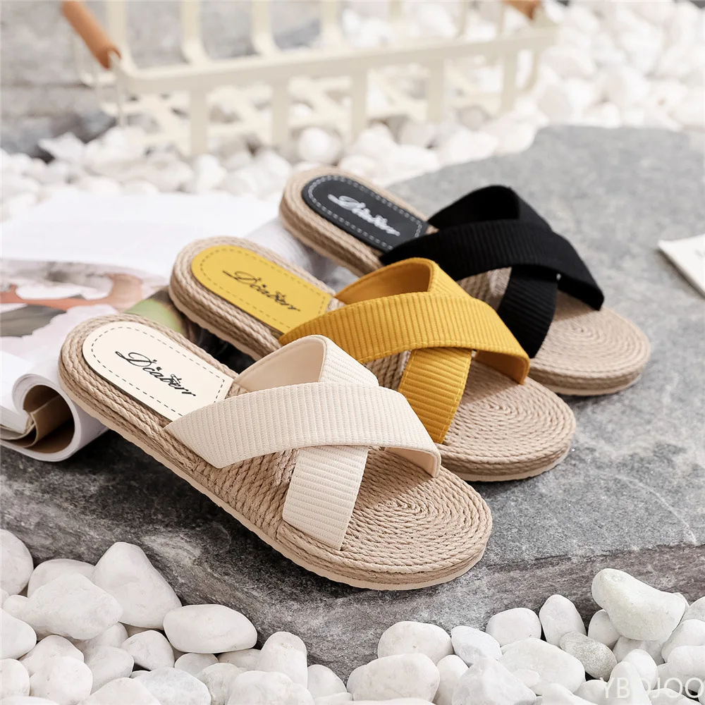 Ladies New Slippers Summer Cross Drag Fashion Hemp Rope Outer Wear Slippers Casual Sandals and Slippers