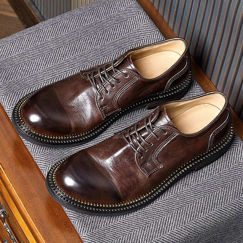 Zapatos de cuero elegantes Retro para hombre Noble hechos a mano suaves de gama alta punta redonda Oxfords británicos Casual hombre