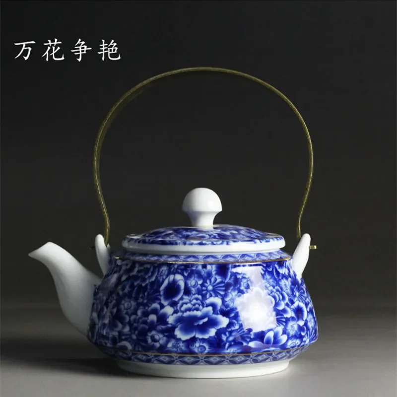 Chinese Jingdezhen Blue and White Porcelain Teapot, Coffee Pot, 600ml Copper Girder Tea Pot, Home Ceramic Teaware, High Quality