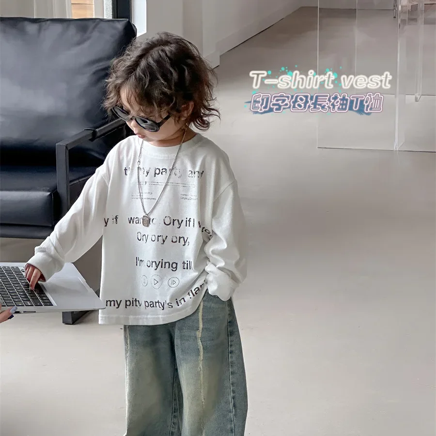 Baby Clothes Letter T Shirt Autumn Top Boys Korean Style 2024 New Fashionable Printed Long-sleeved Casual Simple T-shirt