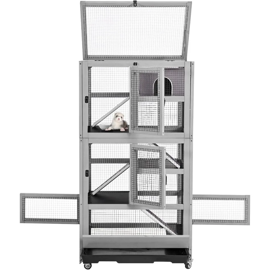 Jaula para hurón grande con jaula de Chinchilla de madera de 5 niveles con ruedas Habitat de conejillo de indias de varios niveles con escondite de rampa extraíble Tr