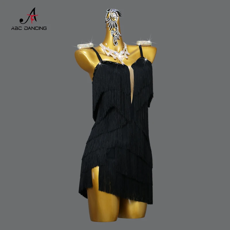 Vestido de dança latino preto feminino, competição sênior, sexy, roupas de festa, tamanho grande, saia curta personalizada para meninas, baile de formatura, novo