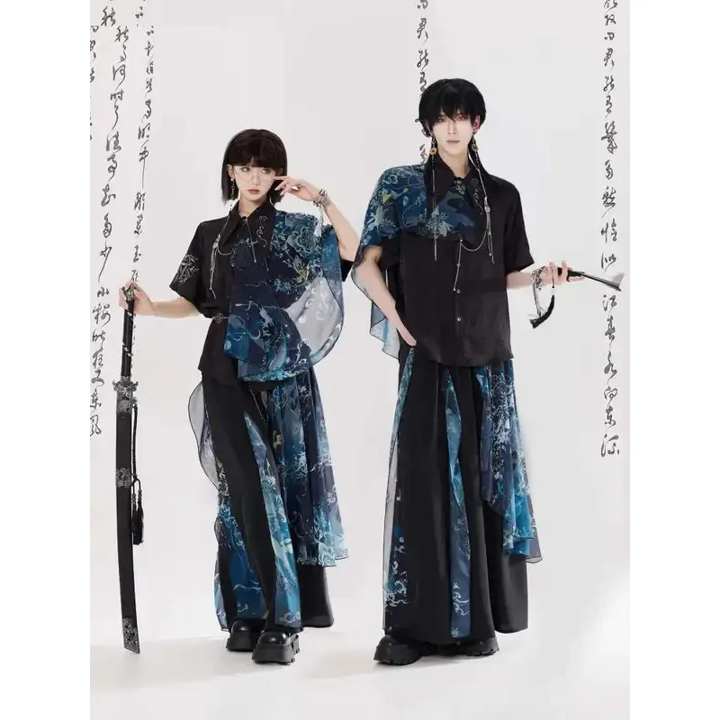 

New Chinese Style Guofeng Men And Women Shirt Printing Embroidery Shirt Wide Leg Pants Hanfu Cos Cosplay Carnival Halloween
