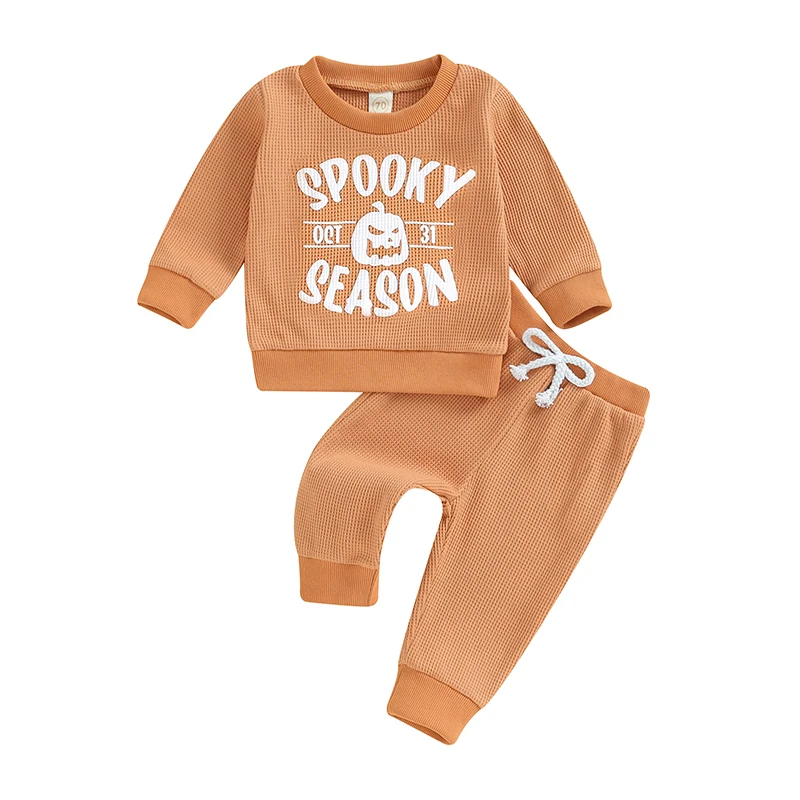 

Toddler Boys Halloween Outfits Letter Pumpkin Print Waffle Long Sleeve Sweatshirts Long Pants 2Pcs Fall Clothes Set