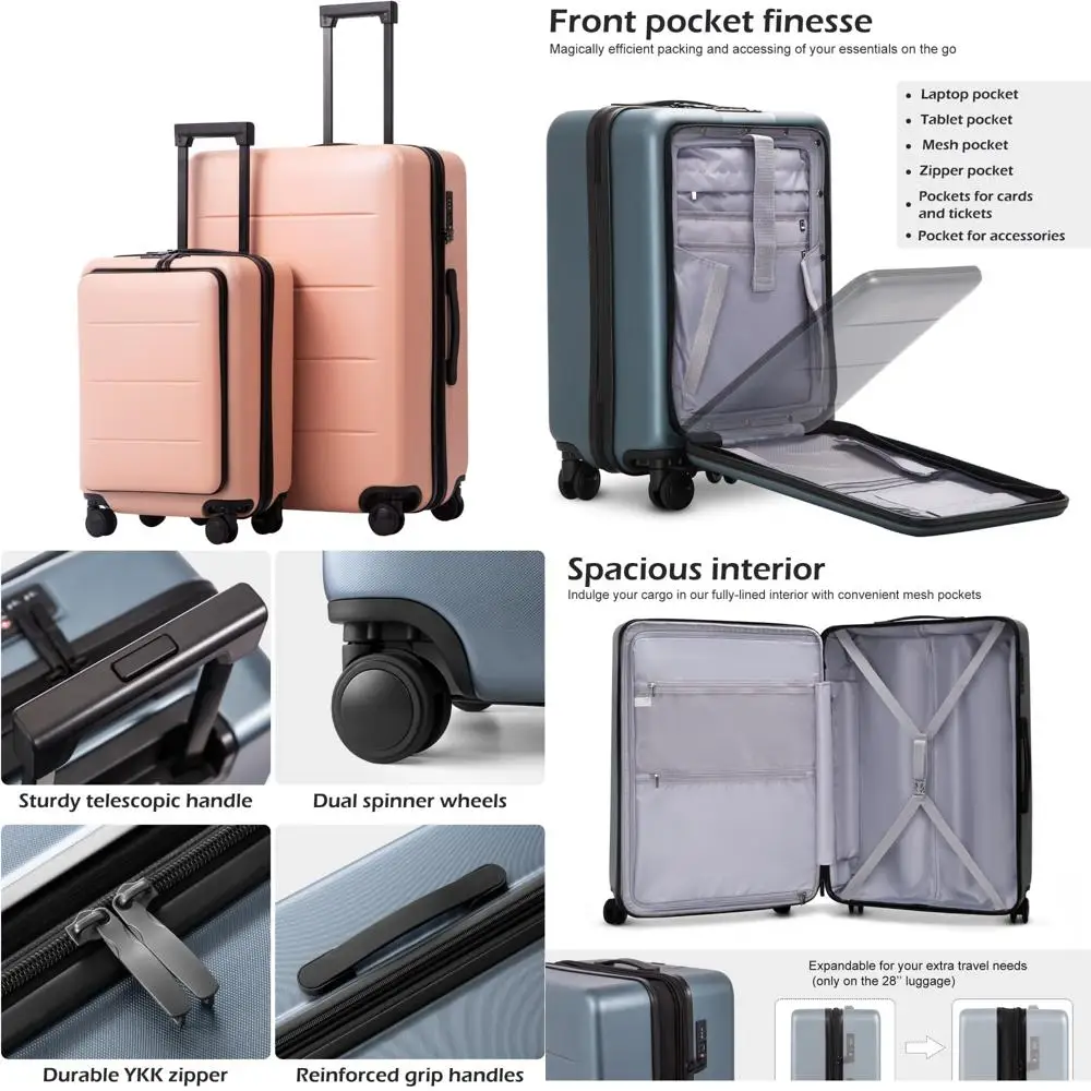 

Набор чемоданов на колесиках из АБС-пластика + ПК с карманом, чемоданом из двух частей и сумкой выходного дня, розовый Сакура