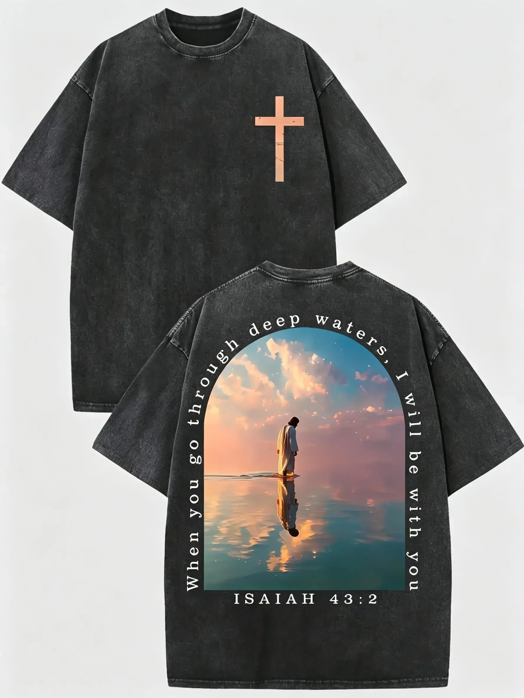 Vintage Washed Black Christian Oversized T Shirt, Isaiah 43:2 Jesus Walk On Water Cross Graphic Short Sleeve Tee Religious Faith Aesthetic Streetwear Top, Inspirational Bible Verse Religious Streetwear T-Shirt For Men