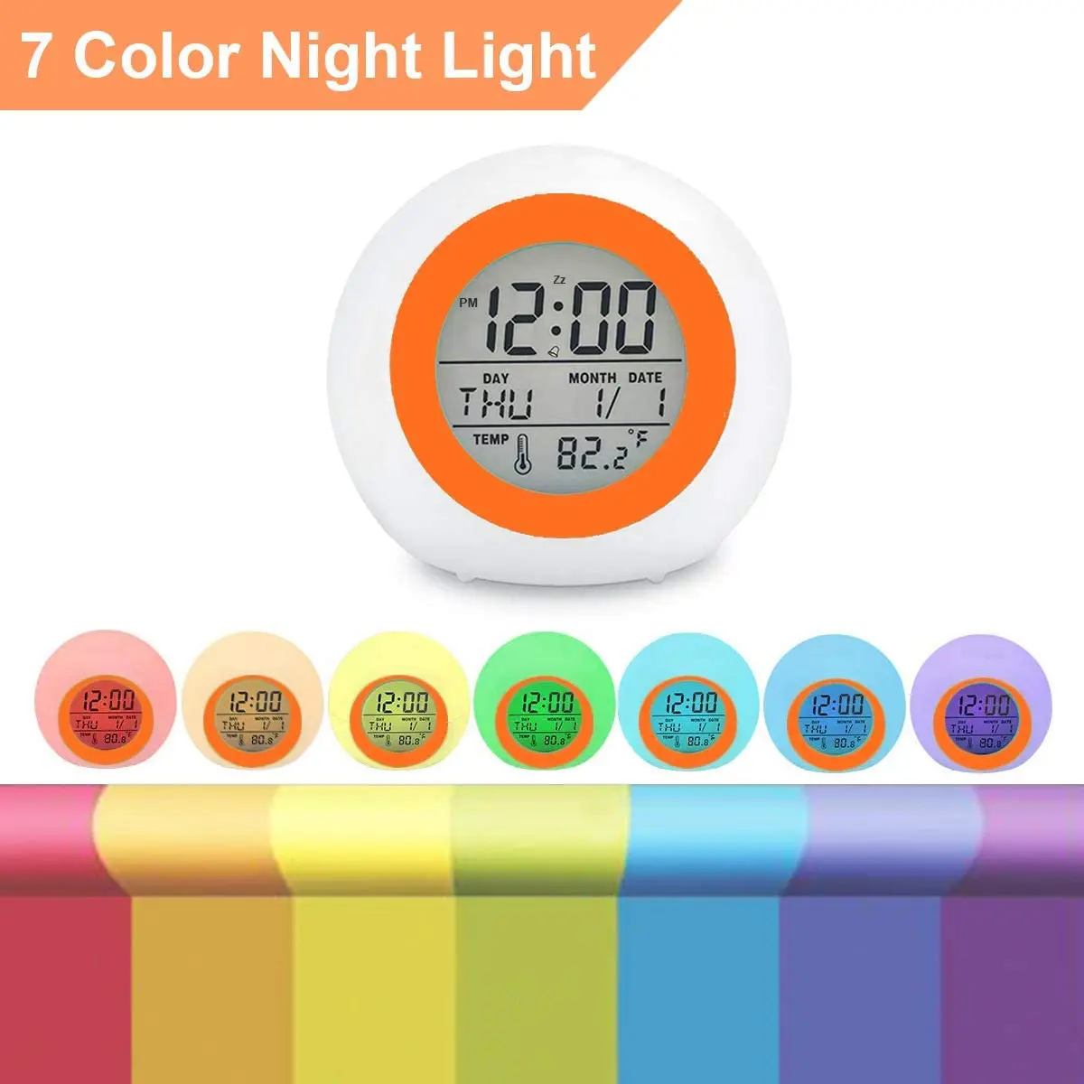 7 Colors Changing Night Backlight Alarm Digital Clock for Kids with Snooze Function LED Display Temperature Calendar to Wake Up