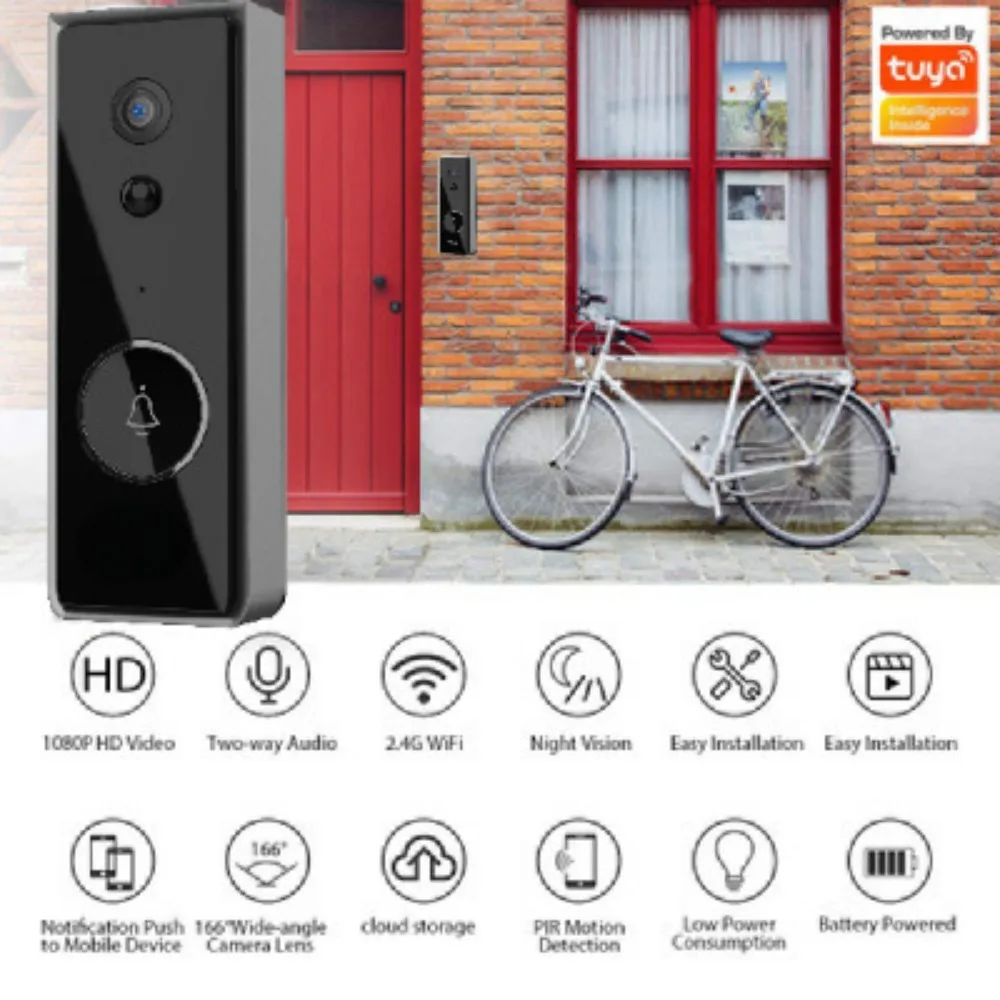 Tuya Smart Life Intelligent Visual Doorbell Night Vision with PIR Mobile Phone Remote Control Wifi Monitor Door Bell with Camera