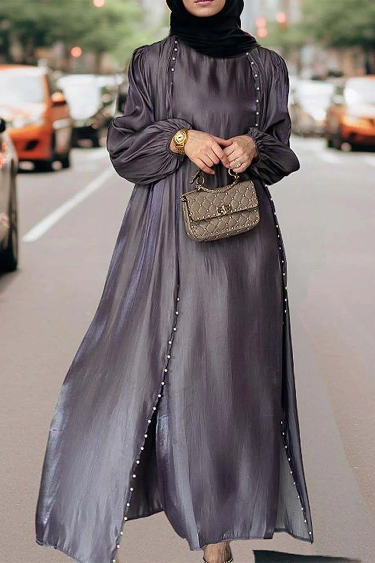 

Eid Abayas for Women Muslim Vintage Lantern Sleeve Pearl Decors Patchwork Maxi Dress