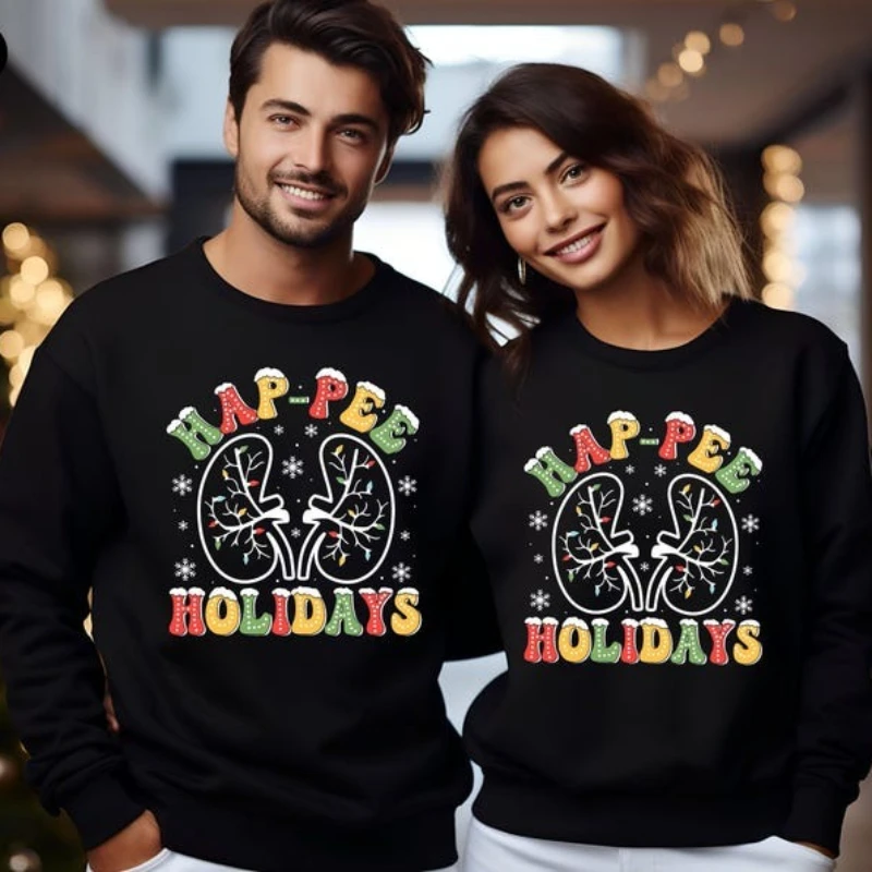 เสื้อสเวตเชิ้ต Hap-pee Holidays ลายไต ไฟคริสต์มาส เสื้อคริสต์มาสสำหรับพยาบาลไต เสื้อของขวัญพยาบาล เสื้อฮู้ดดี้สำหรับช่างไตในวันคริสต์มาส