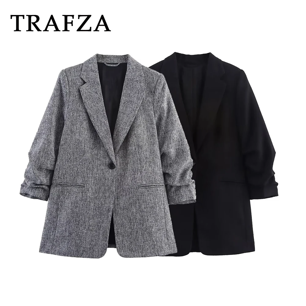

TRAFZA Vintage Grey Elegant Woman Blazer Single Button 2025 Autumn Office Lady Commute Straight Chic Streetwear Female Outwear