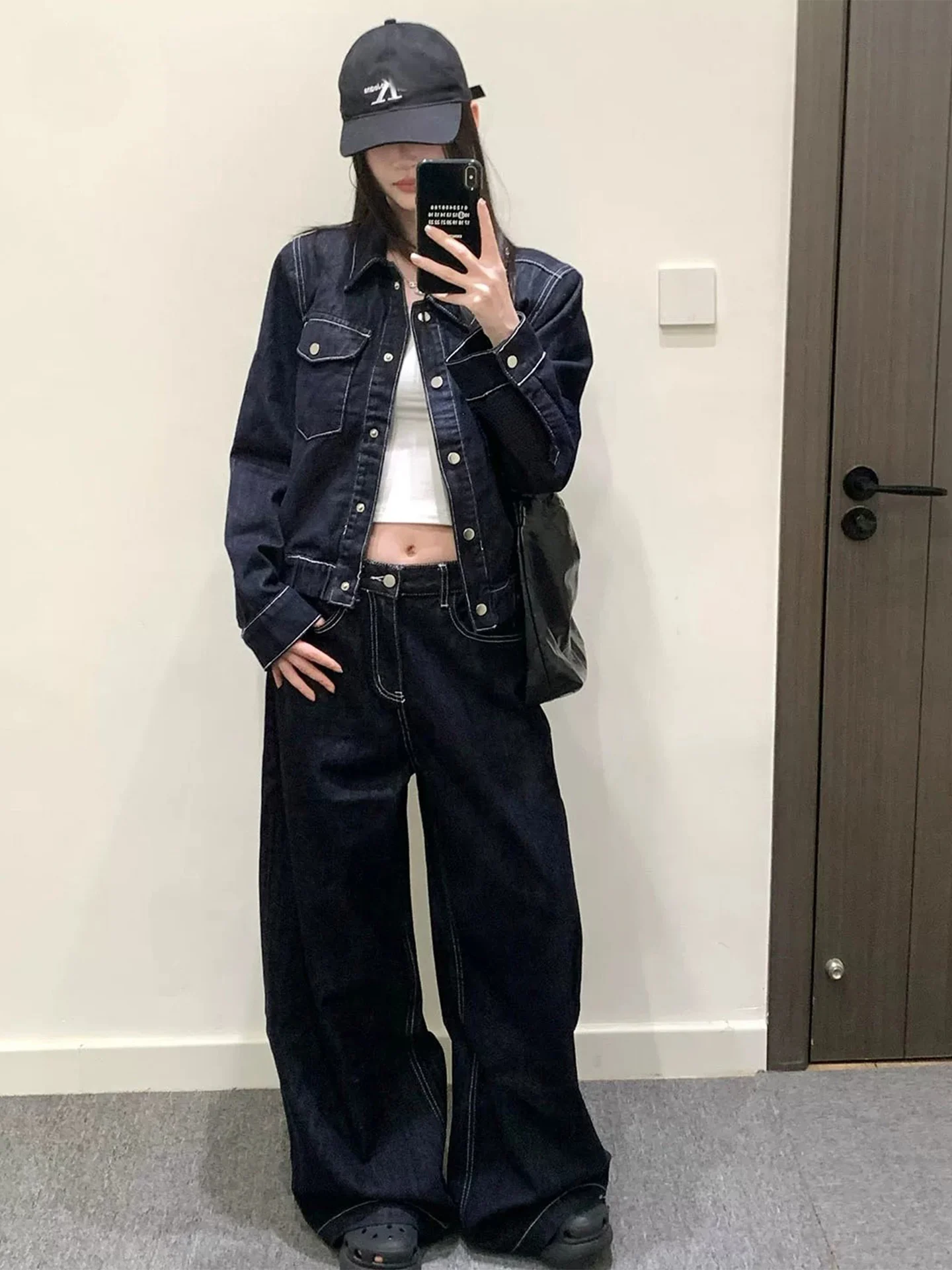 Retro Hong Kong Style Women's Denim Jacket Loose Fit High Waist Wide Leg Pants Two Piece Set Spring Autumn Casual Fashion