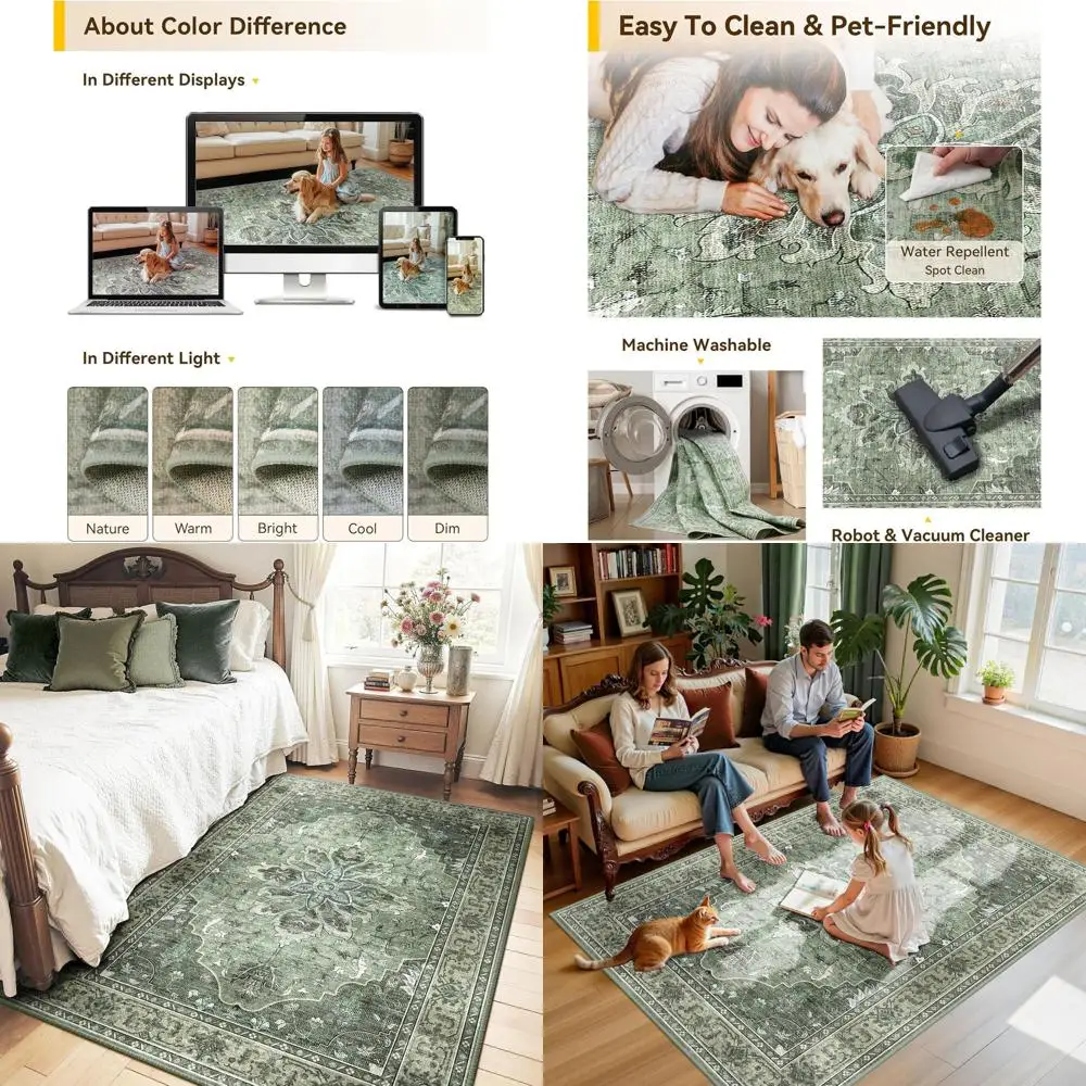 

Area Rugs 5'x7' Washable Non-Slip, Floral Vintage Distress Print Pattern Medallion Carpet for Living Room Bedroom Dining Room, D