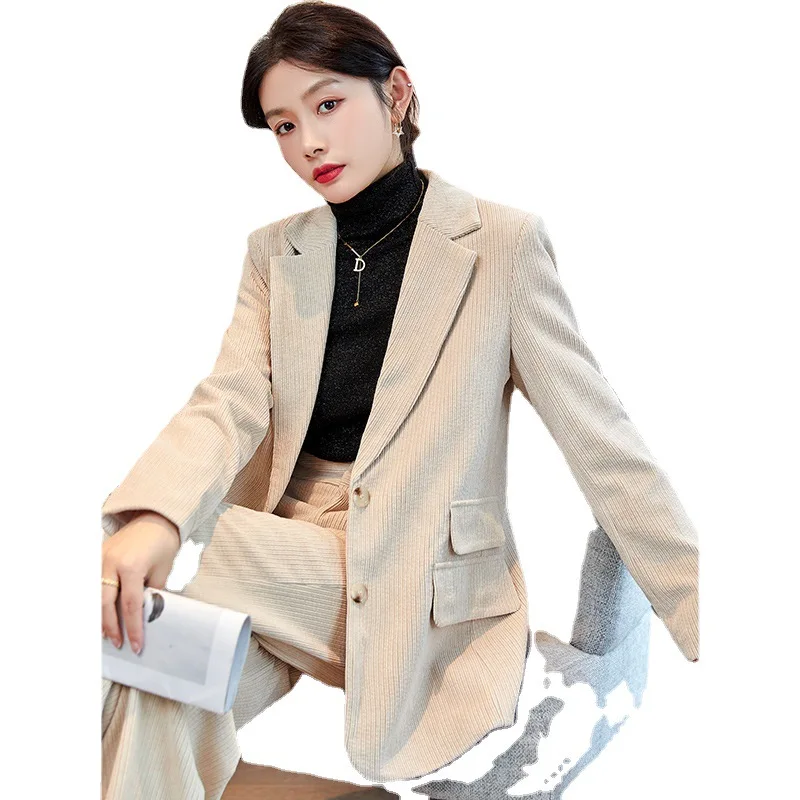 Women\'s Clothing New casual business temperament commuting fashion autumn winter new loose corduroy suit two-piece Pant Suits