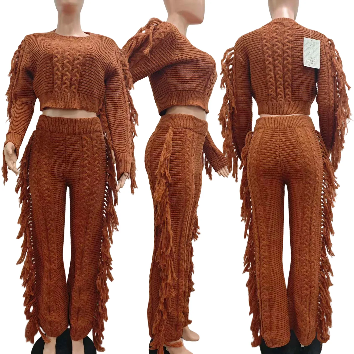 

2026 Зимние комплекты из 2 предметов: теплая уличная одежда, женский комплект с длинными рукавами и кисточками, вязаный свитер с длинными рукавами + брючные костюмы