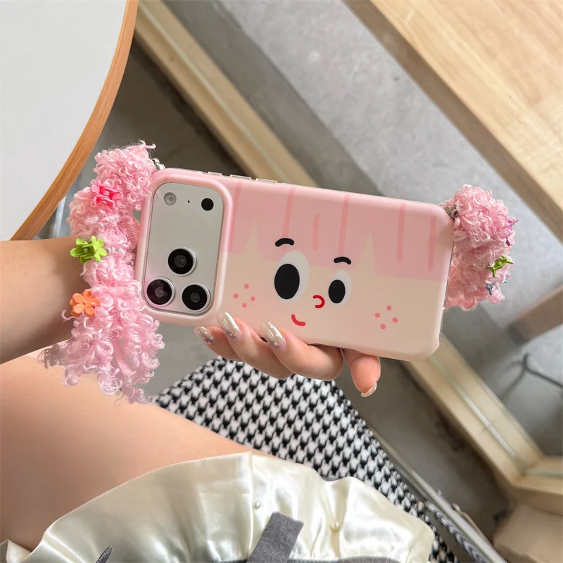 

Cartoon girl Pink Phone Case for IPhone 17 16 15 Pro Max 16pro 17promax 17Pro ins Shockproof Soft Cases Coque + diy hair pigtail