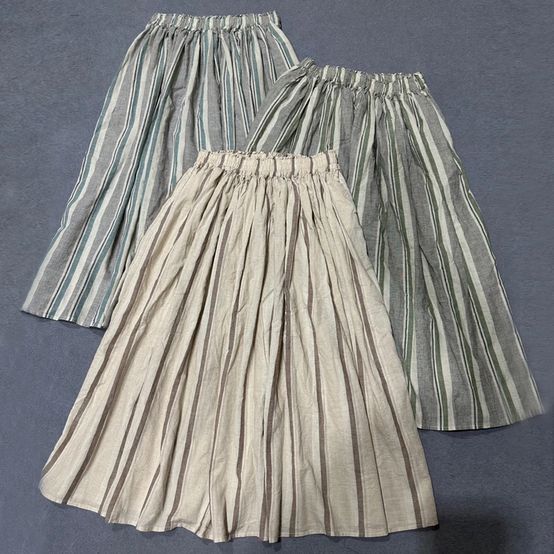 

Johnature Japanese Striped Hit Color Vintage Skirts Women 2024 Summer New Cotton Linen Pockets Loose Elastic A-Linen Skirts