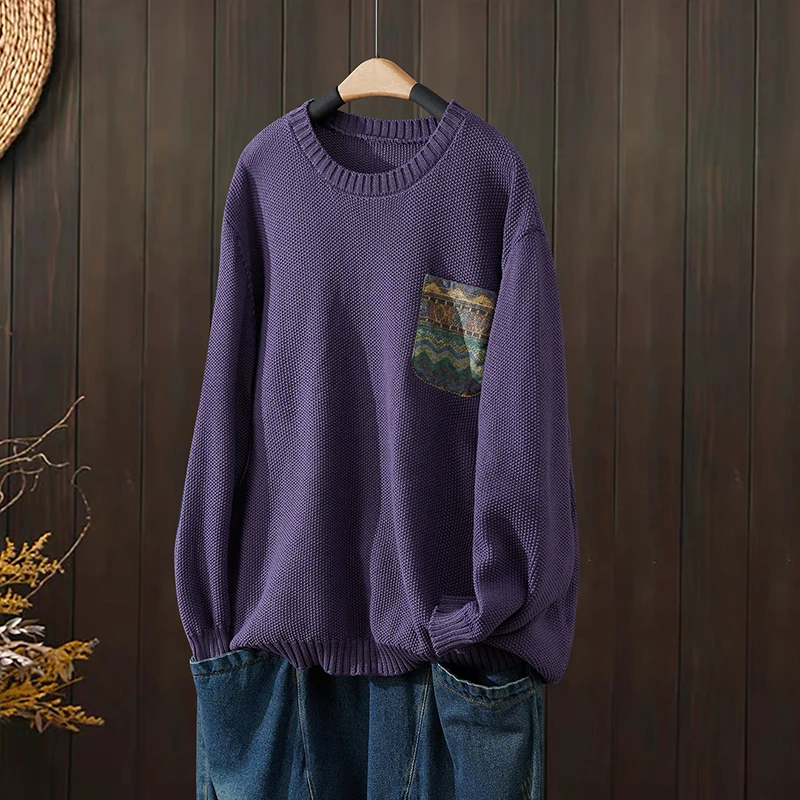 Maglione di cotone lavorato a maglia da donna Primavera Autunno Nuovo Sle Casual rotondo Ne Loose Fit Patch di grandi dimensioni ket Design floreale