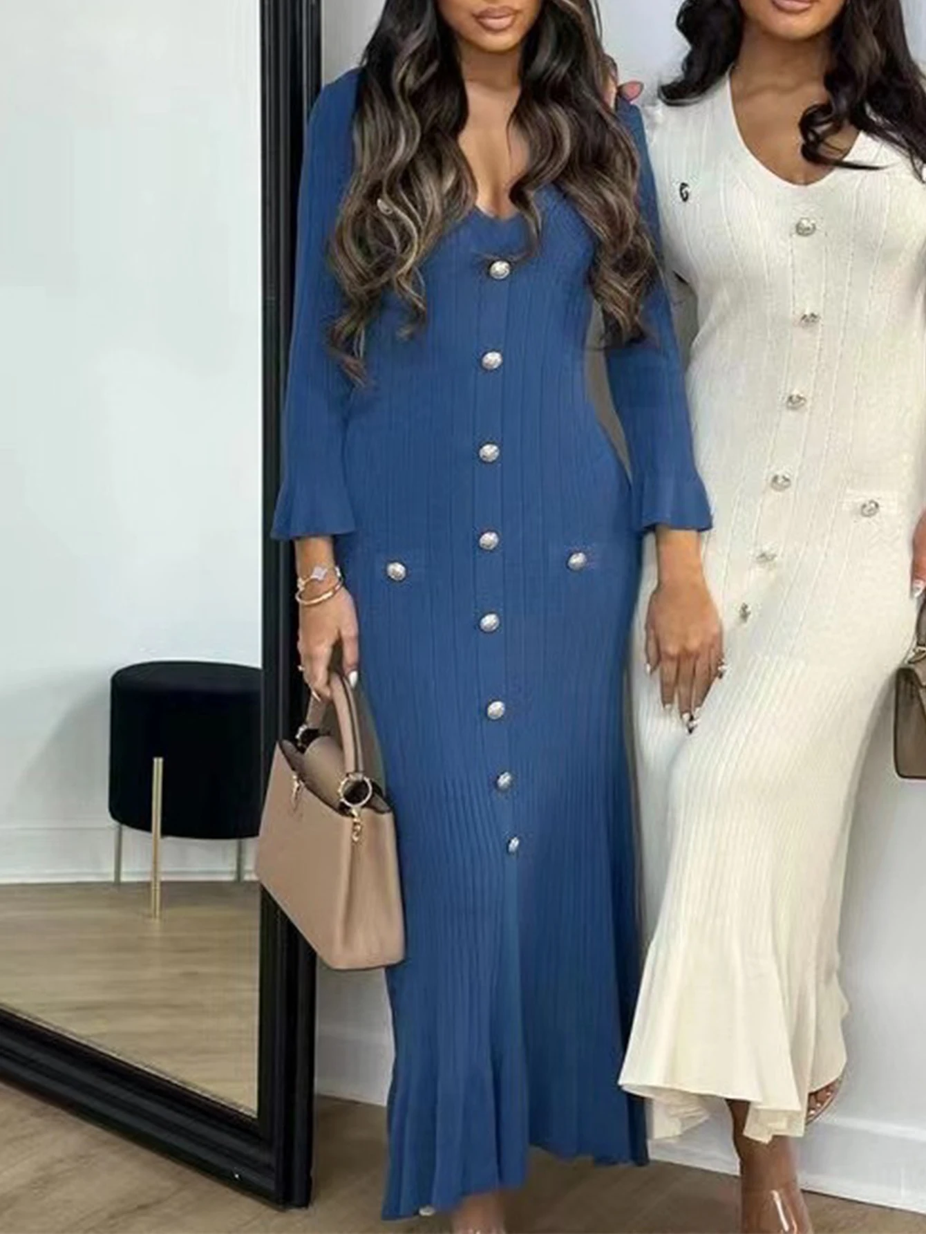 Vestido feminino com decote em v, manga comprida, saia lápis, detalhe de botão, bainha com babados, comprimento do joelho, outono inverno, simples, borda de alface, uso diário