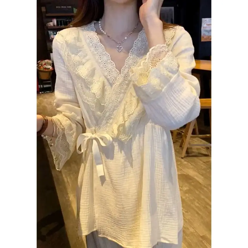 

Французские кружевные пижамные комплекты, женские весенне-осенние комплекты из 2 предметов с длинными рукавами, домашняя одежда в стиле ретро, милые пижамы из двух предметов, новинка