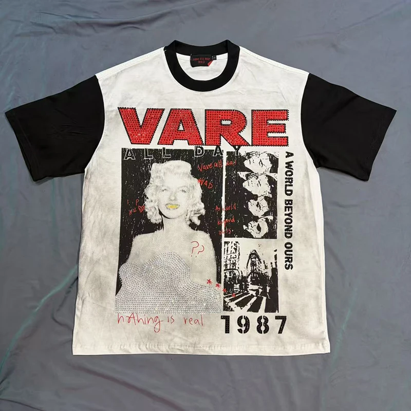 VARE ALL DAY T-Shirt American Street Portrait Rhinestone Letter Print Distressed Men Women Trendy Short-Sleeve Tee