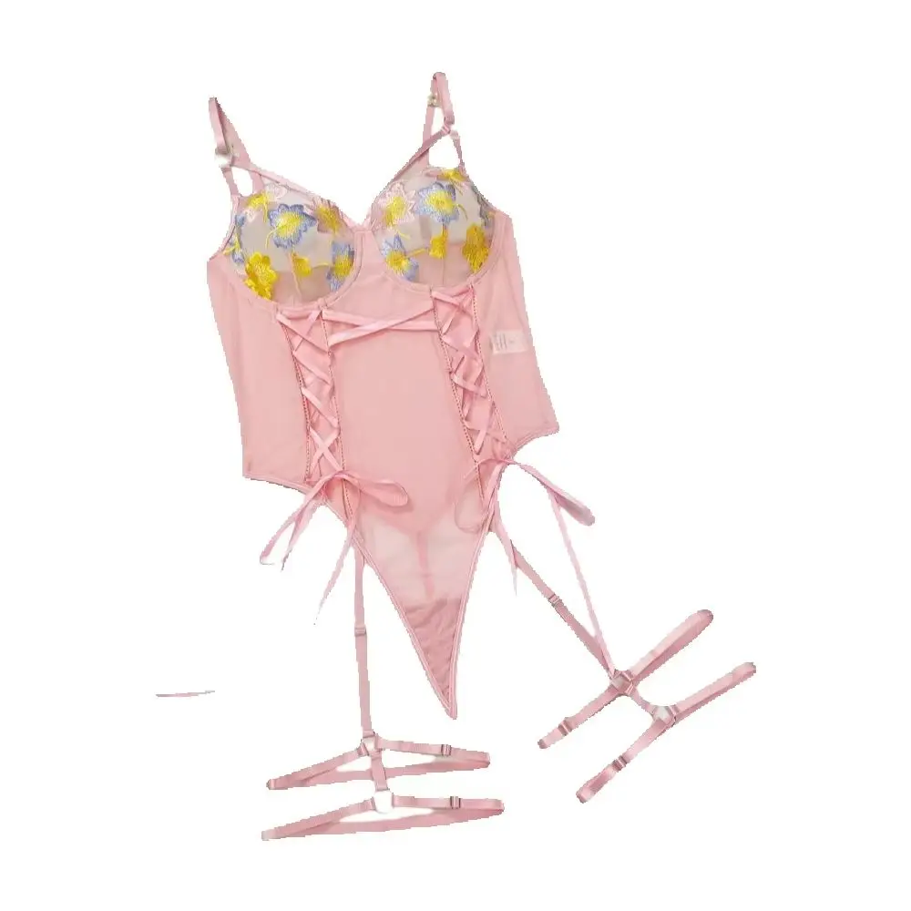 

Sexy Spicy Girl Hollow out Pink One-Piece Suit Lace Embroidery See-Through Beautiful Back Underwear Bestseller Amazon Shapewear