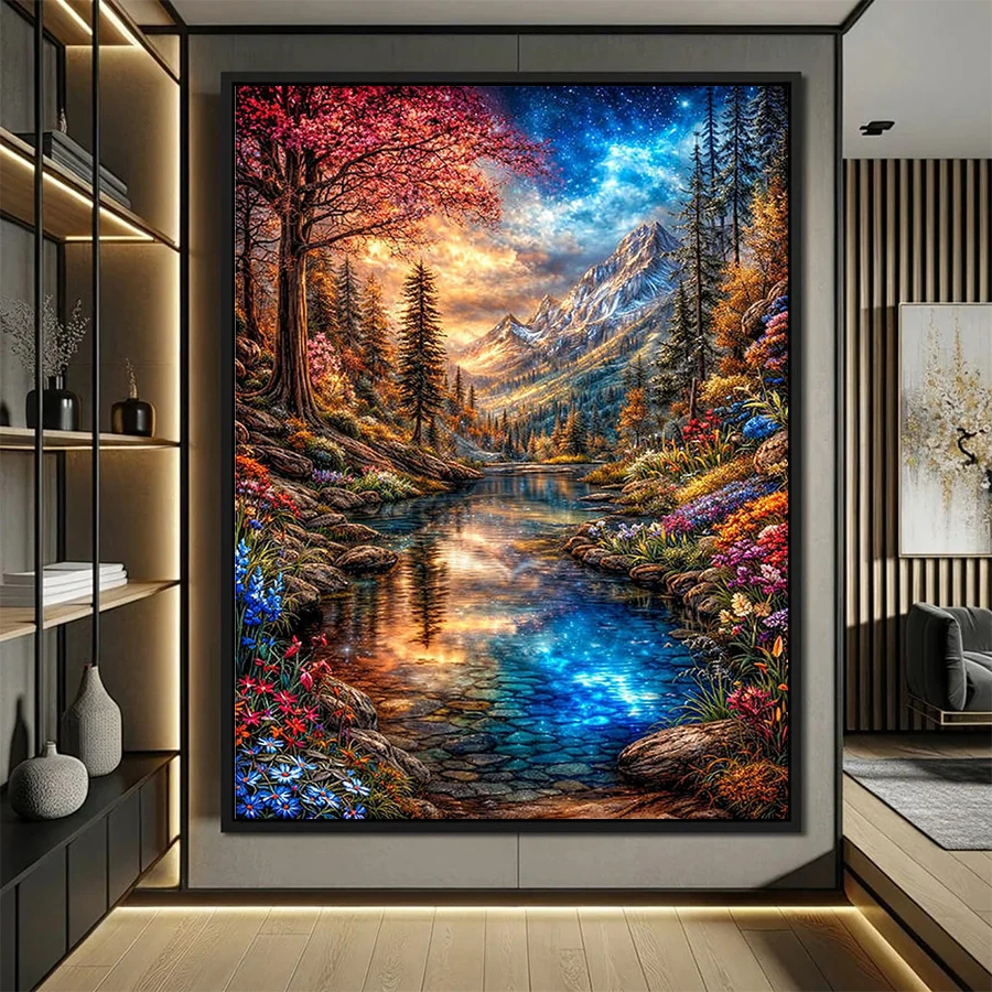 5D Diamant-Stickerei Bildset Neues Bergbach-Baum-Landschaftsmotiv Diamantmalerei Mosaik Kreuzstich Erwachsenen-Dekoration Geschenk