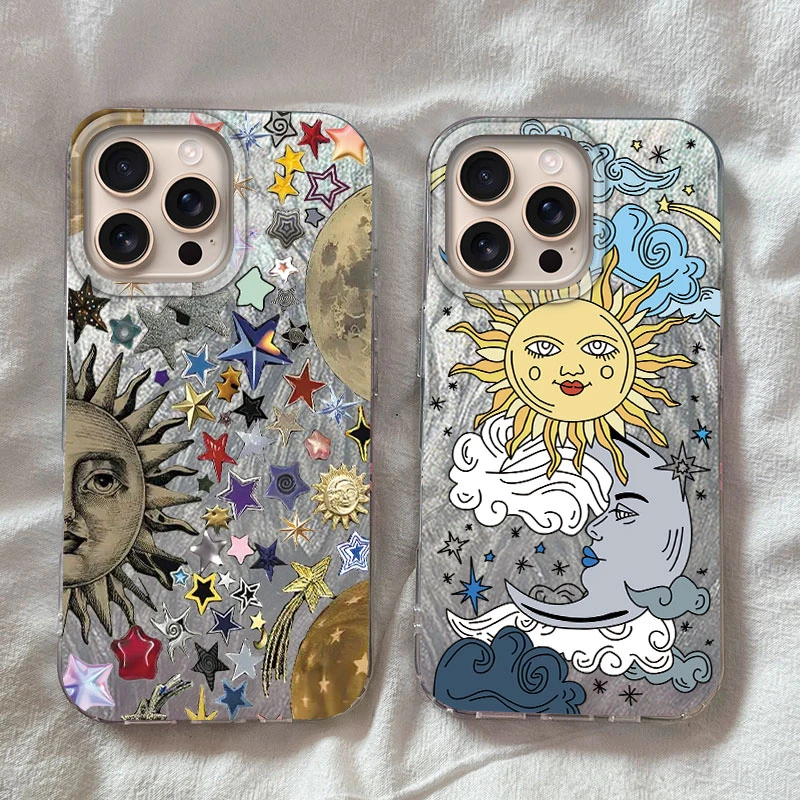 Retro-Stil Gesicht Sonne Sterne Cartoon Handyhülle für iPhone 16 15 14 13 12 Pro Max Plus 16E 7 8 SE 2020 2022 X XS XR Luxus Cover