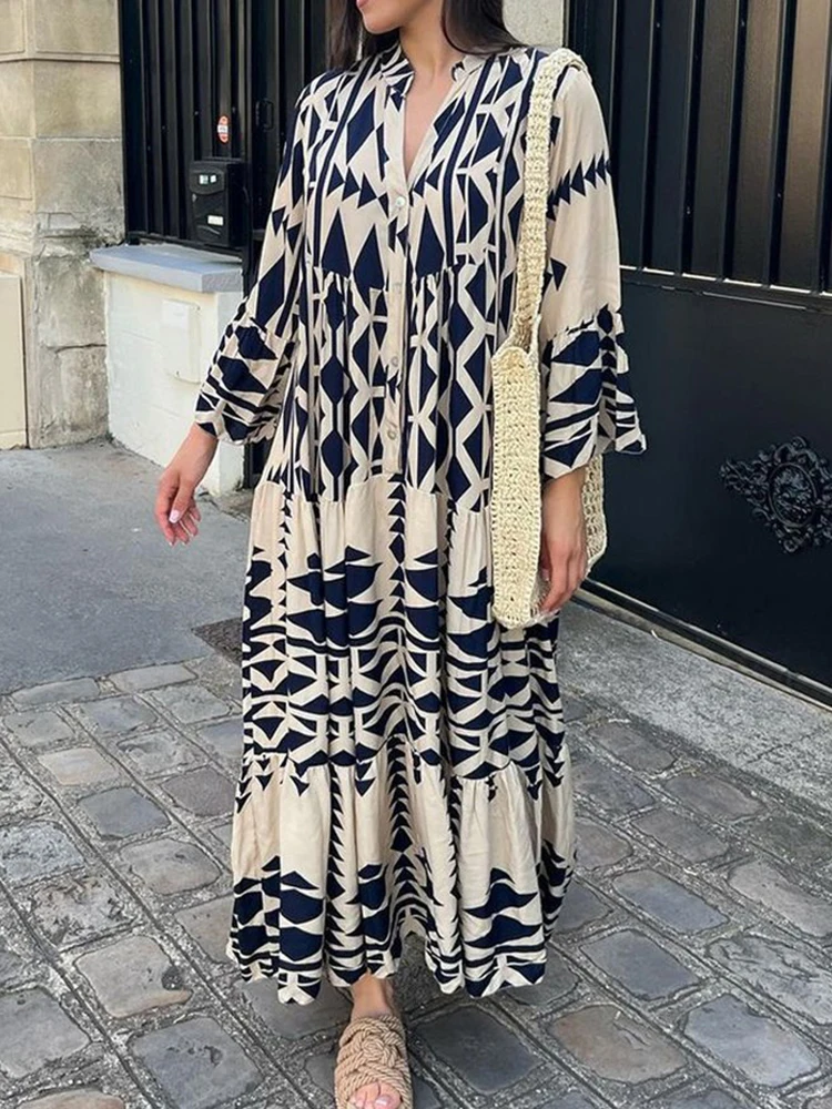 

Retro Print Shirt Dress Women Button Up Long Blouse Dress Ladies Oversize Loose Dress Female Fashion V Neck Long Sleeve Dress