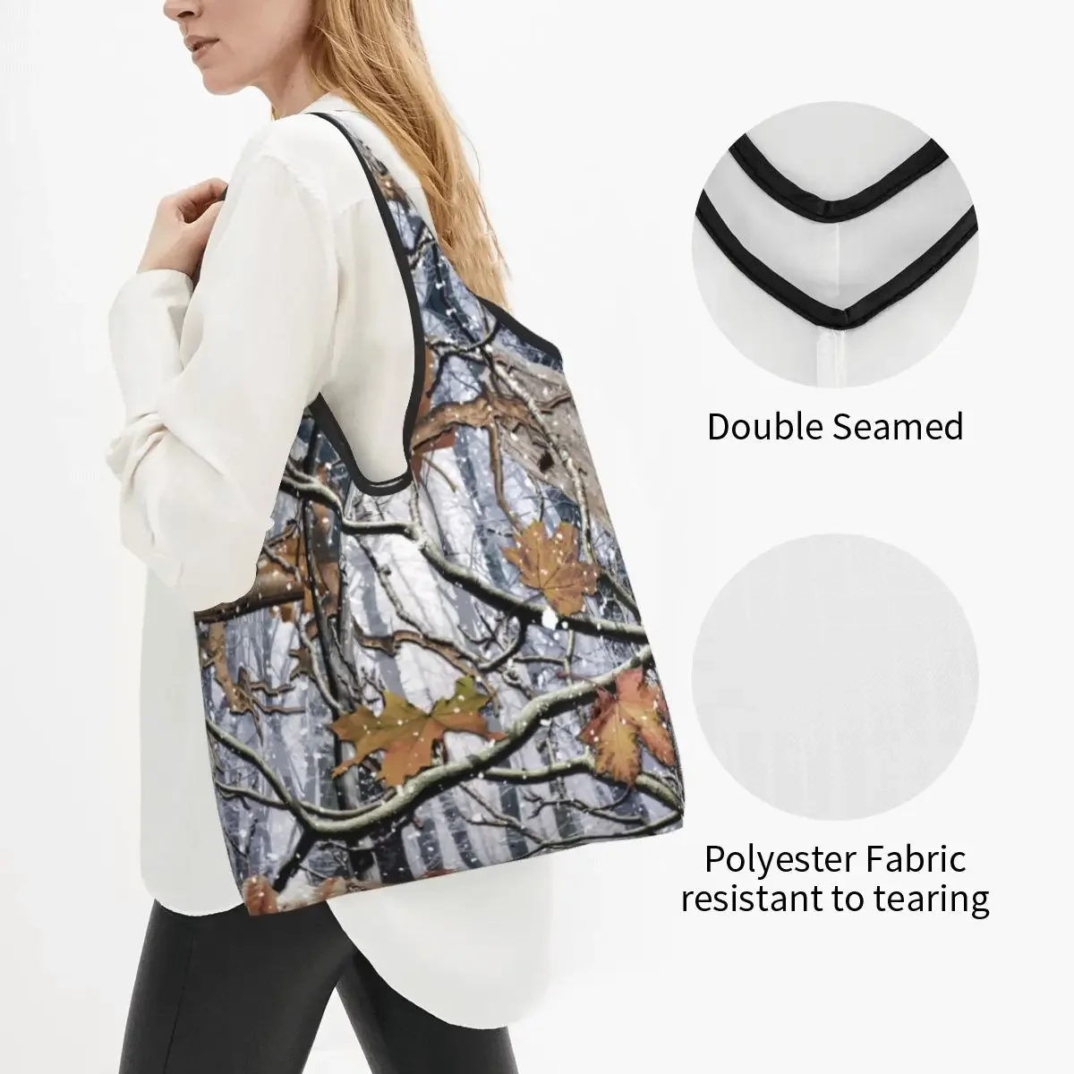 Hunting Camo Tree Camouflage Snow Pattern Groceries Shopping Tote Bag Women Kawaii Shopper Shoulder Bag Large Capacity Handbags