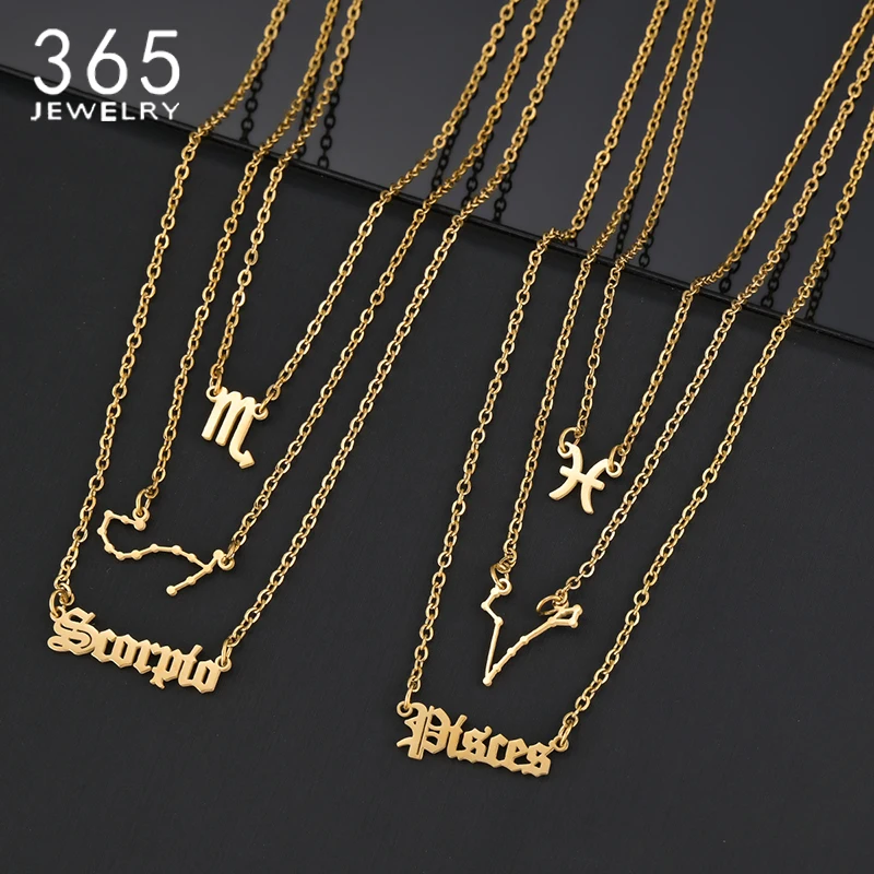 

Custom Name Triple Layer Stainless Steel 12 Zodiac Sign Necklace For Women 12 Constellation Chain Choker Birthday Party Jewelry