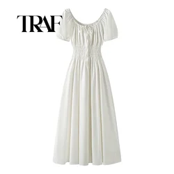 TRAF Women Lace-Up Collar White Long Dress Elastic High Waist Holiday Style Ladies Puff Sleeve Midi Robe Summer Dress